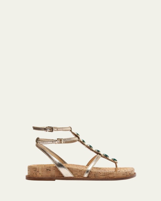 Jade Leather T-Strap Sandals